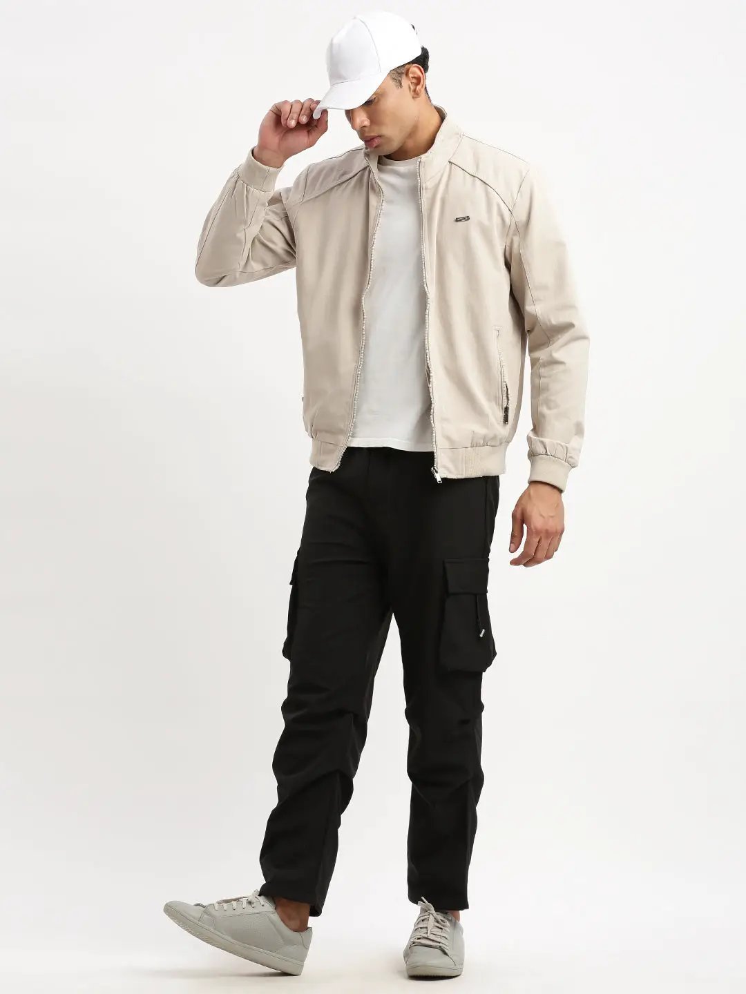 Men's Mock Collar Cream Solid Bomber Jacket