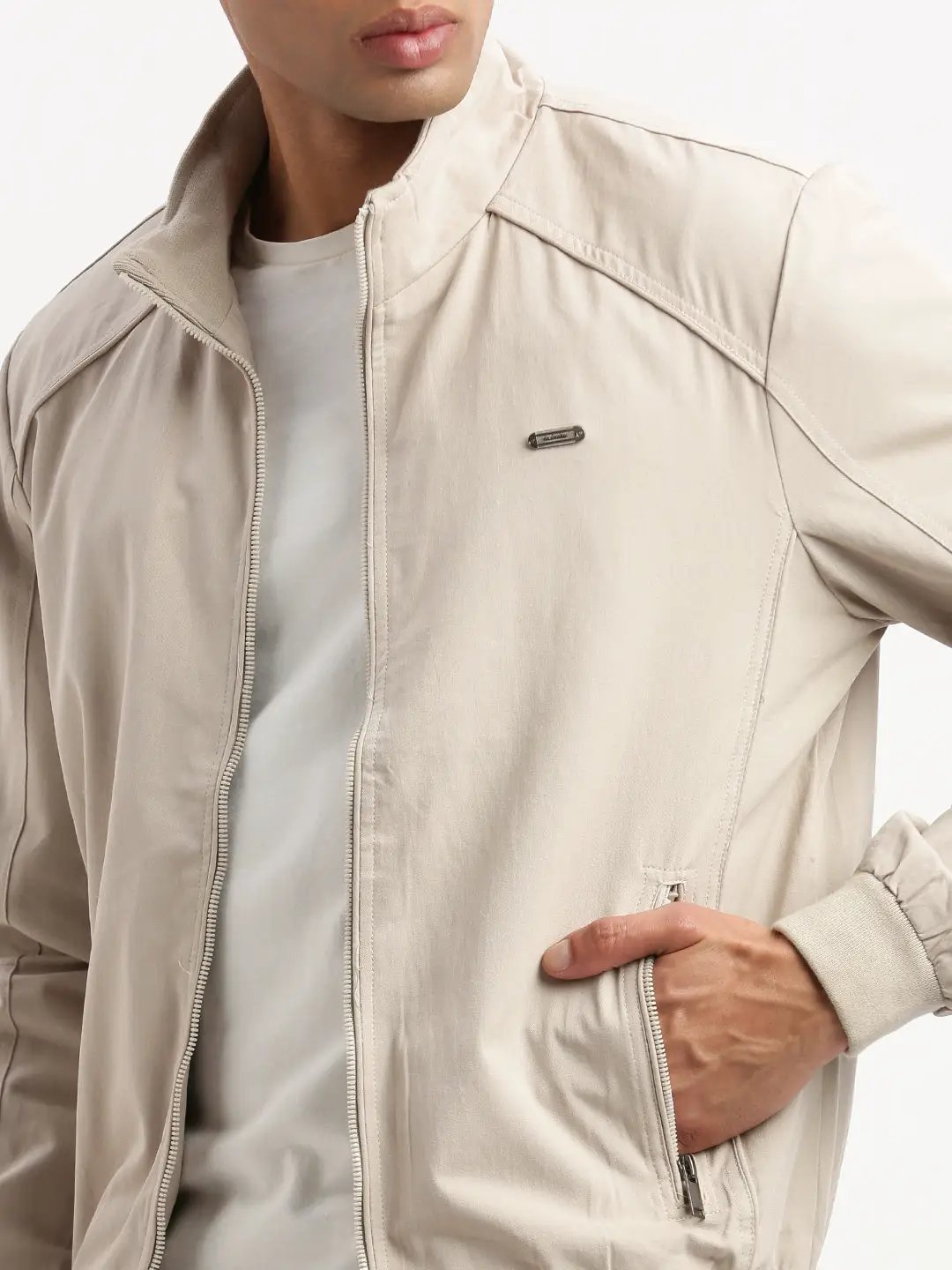 Men's Mock Collar Cream Solid Bomber Jacket