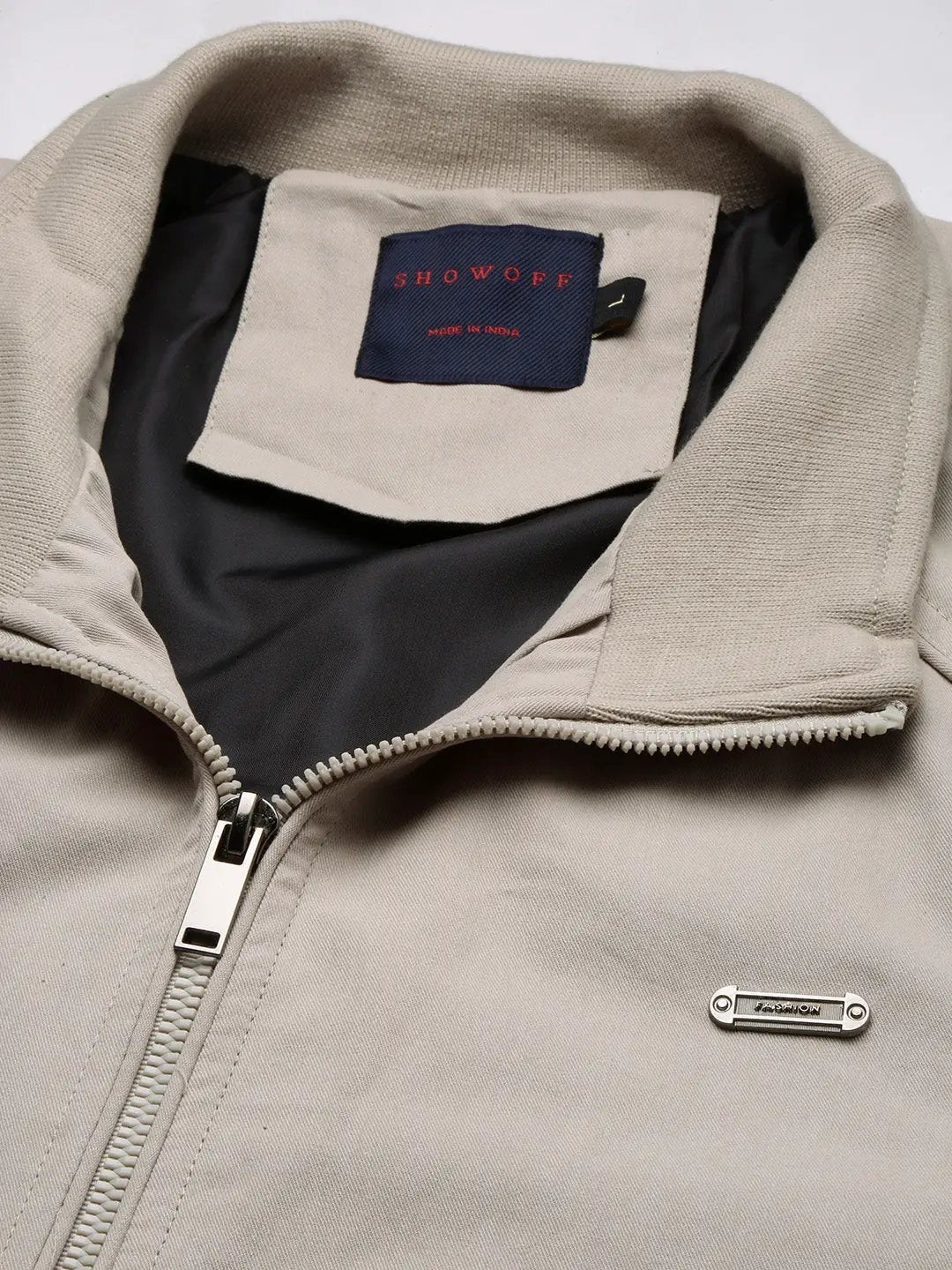 Men's Mock Collar Cream Solid Bomber Jacket