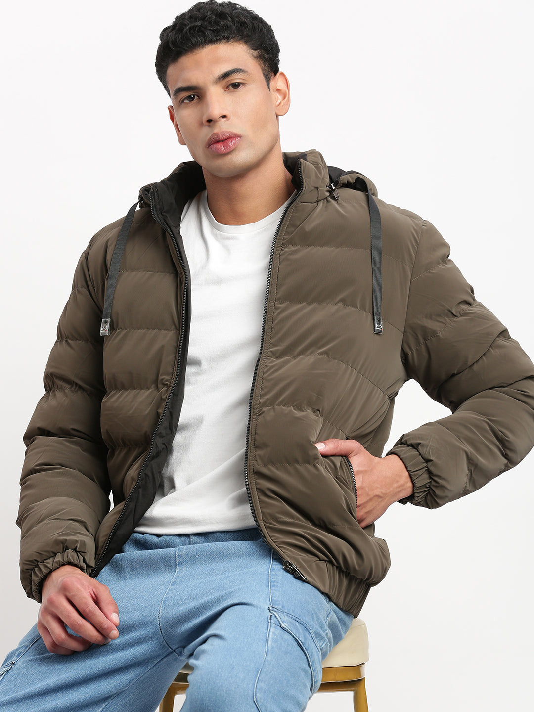 Men Mock Collar Brown Solid Reversible Puffer Jacket comes with Detachable Hoodie