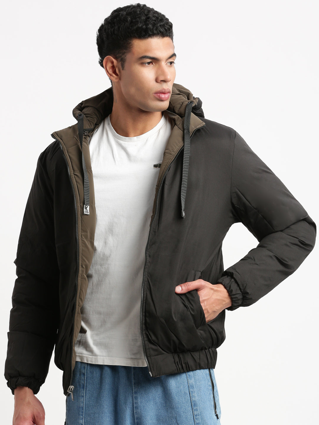 Men Mock Collar Brown Solid Reversible Puffer Jacket comes with Detachable Hoodie