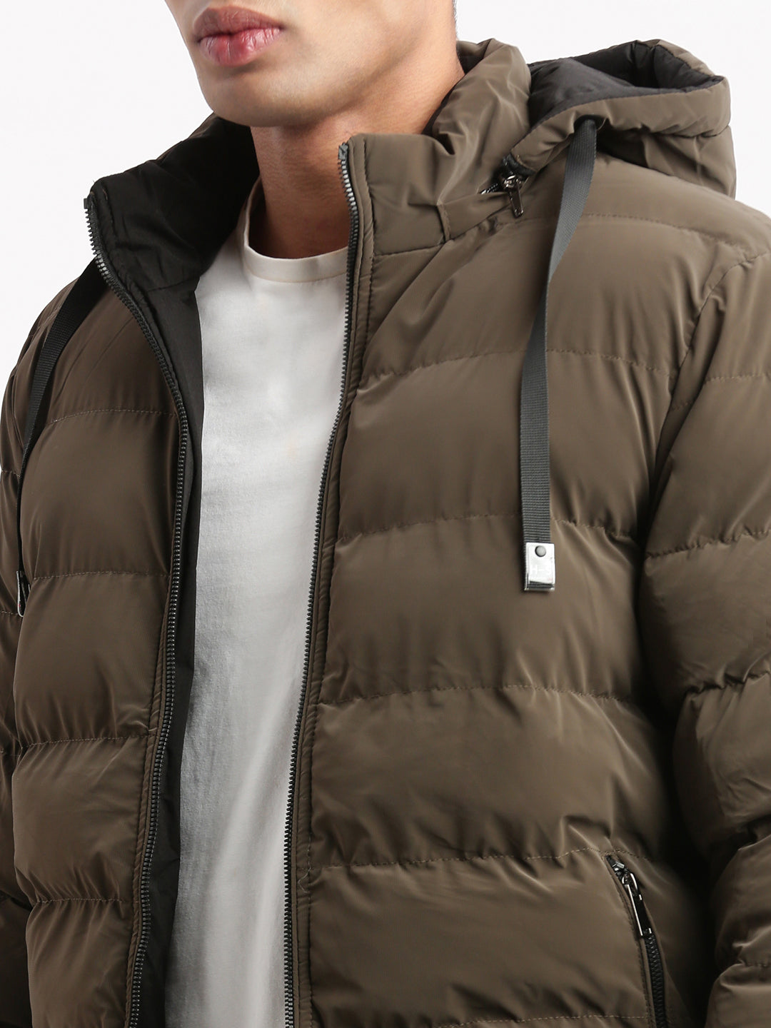 Men Mock Collar Brown Solid Reversible Puffer Jacket comes with Detachable Hoodie