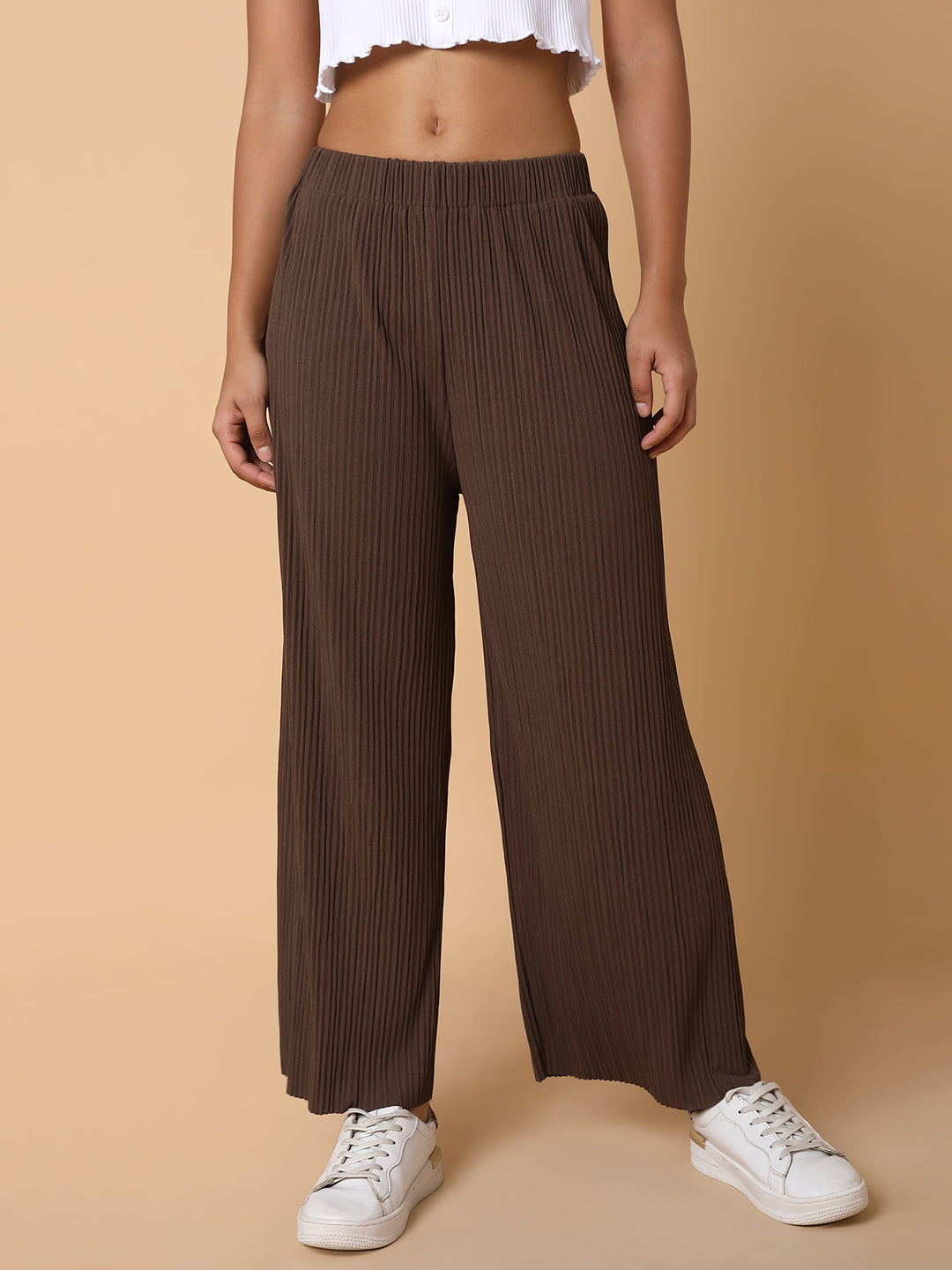 Women Flat Front Solid Brown Trousers