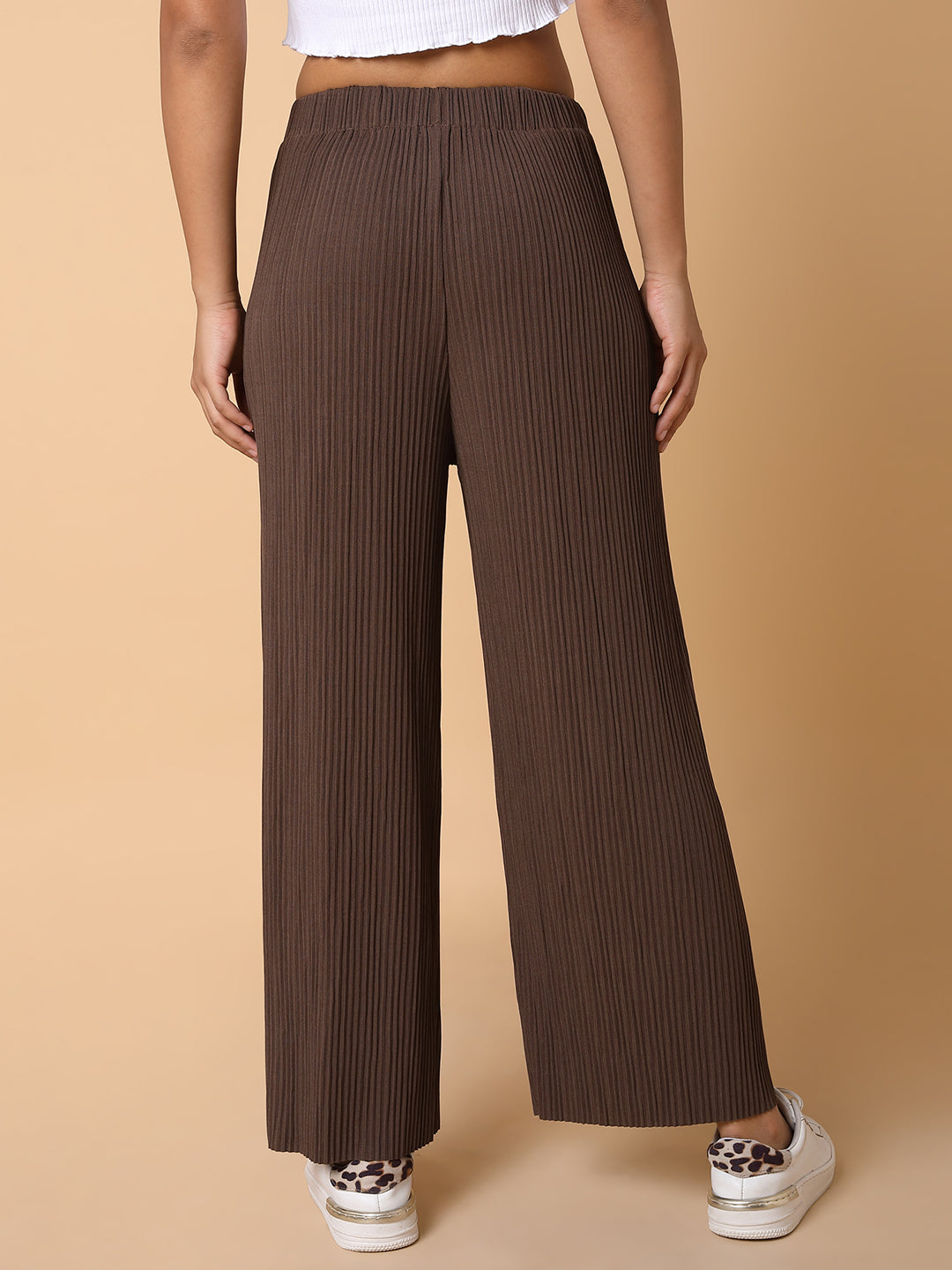 Women Flat Front Solid Brown Trousers