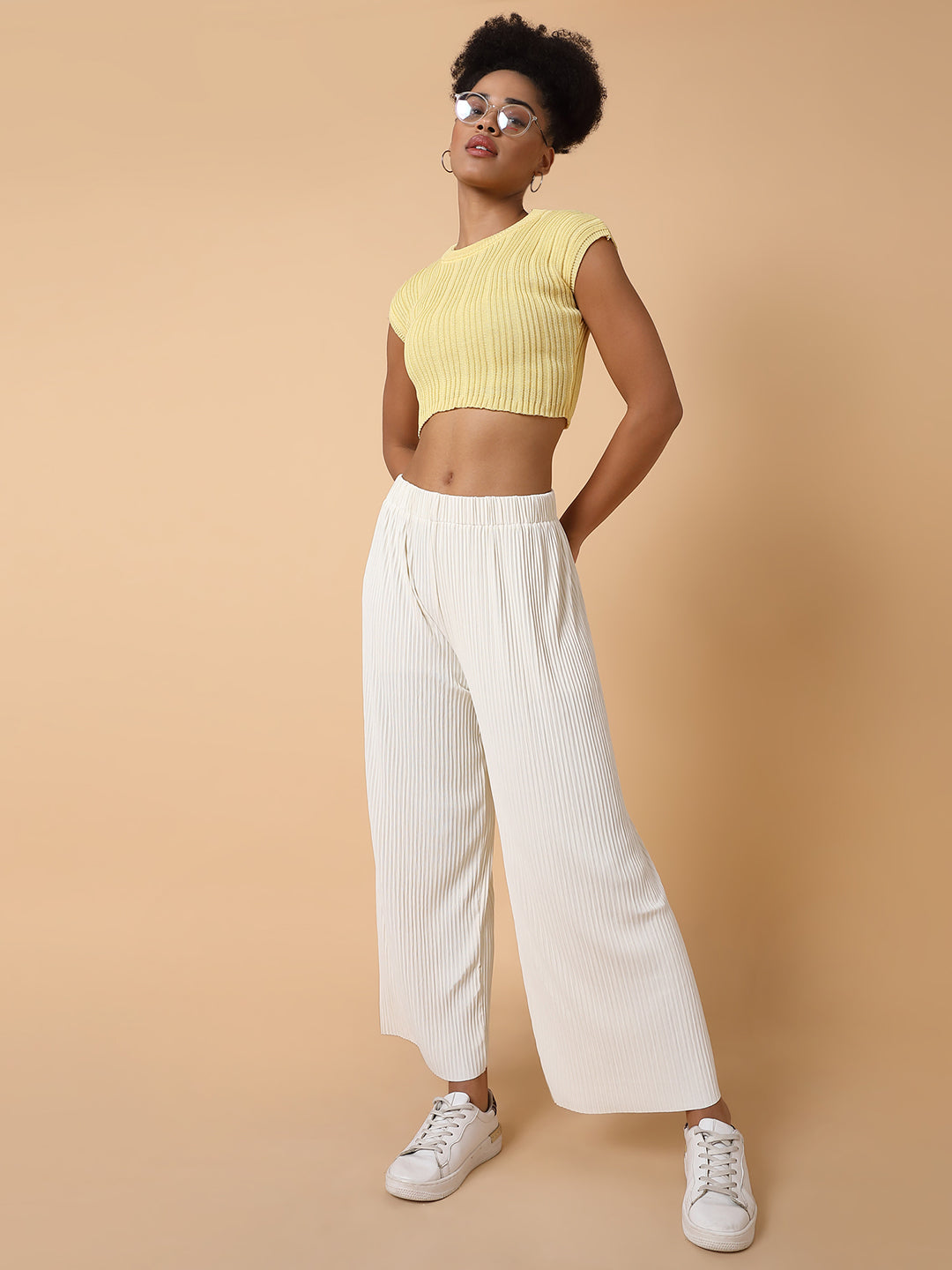 Women Flat Front Solid Cream Trousers