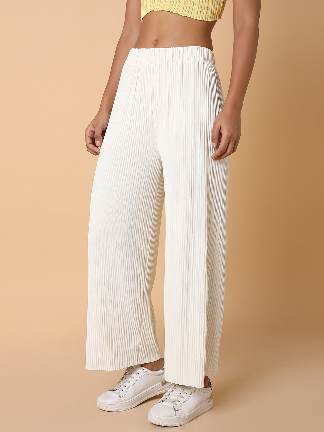 Women Flat Front Solid Cream Trousers