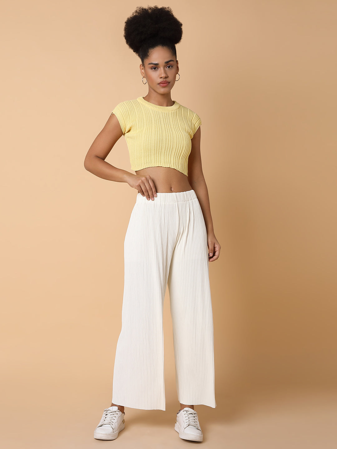 Women Flat Front Solid Cream Trousers