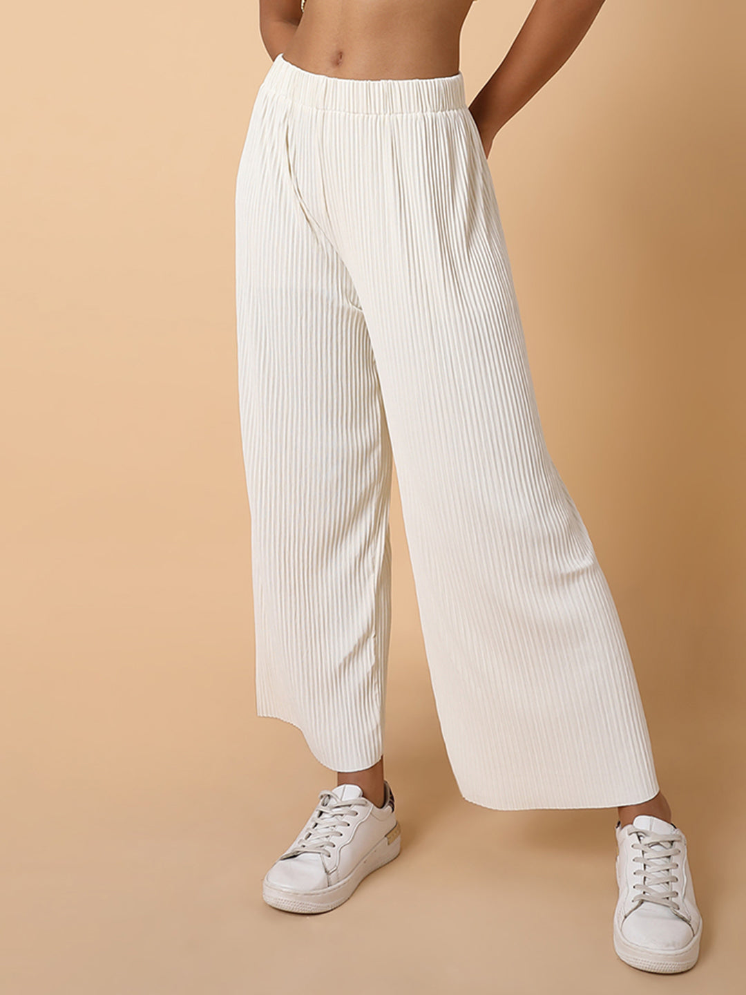 Women Flat Front Solid Cream Trousers