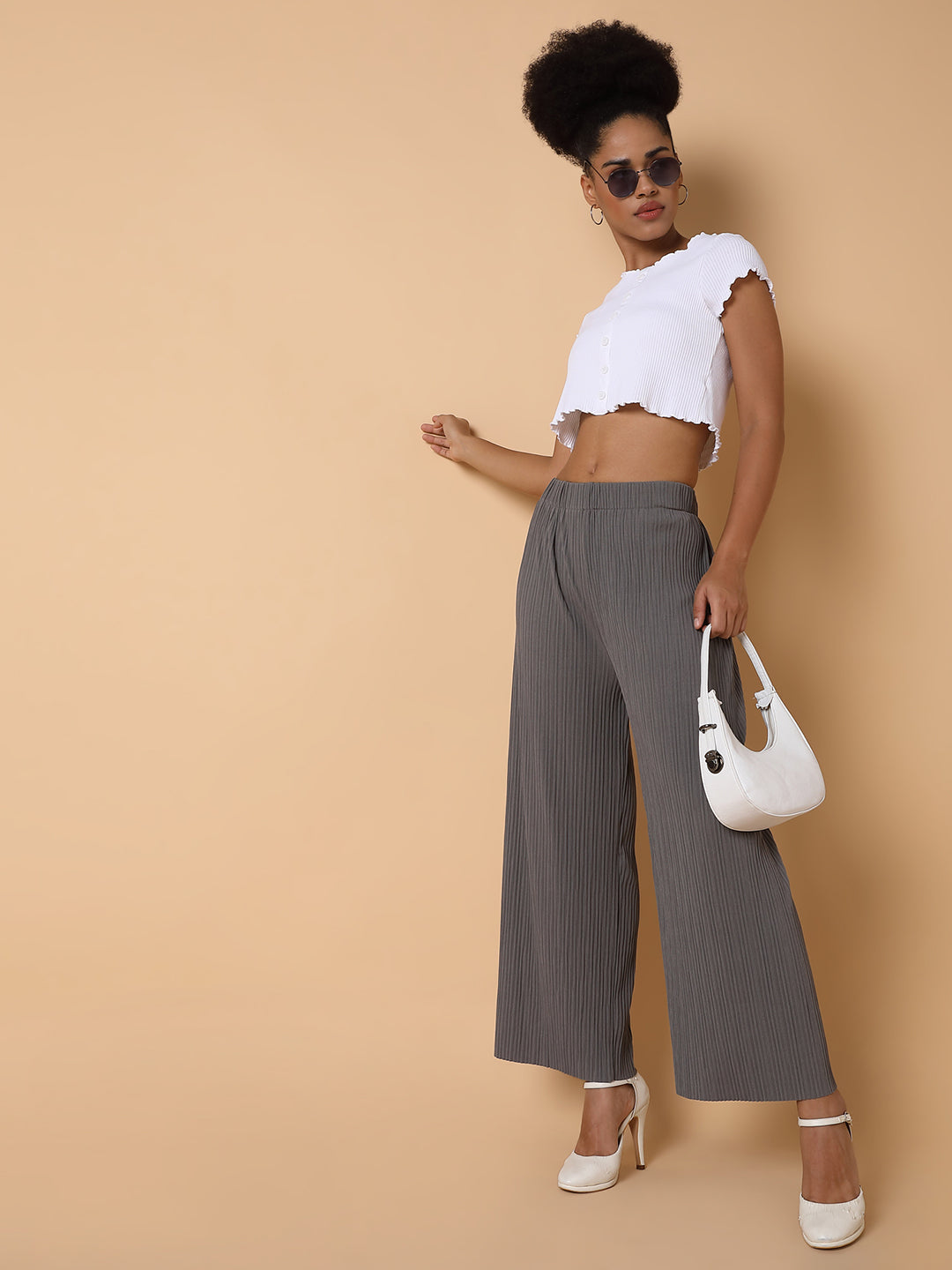 Women Flat Front Solid Grey Trousers