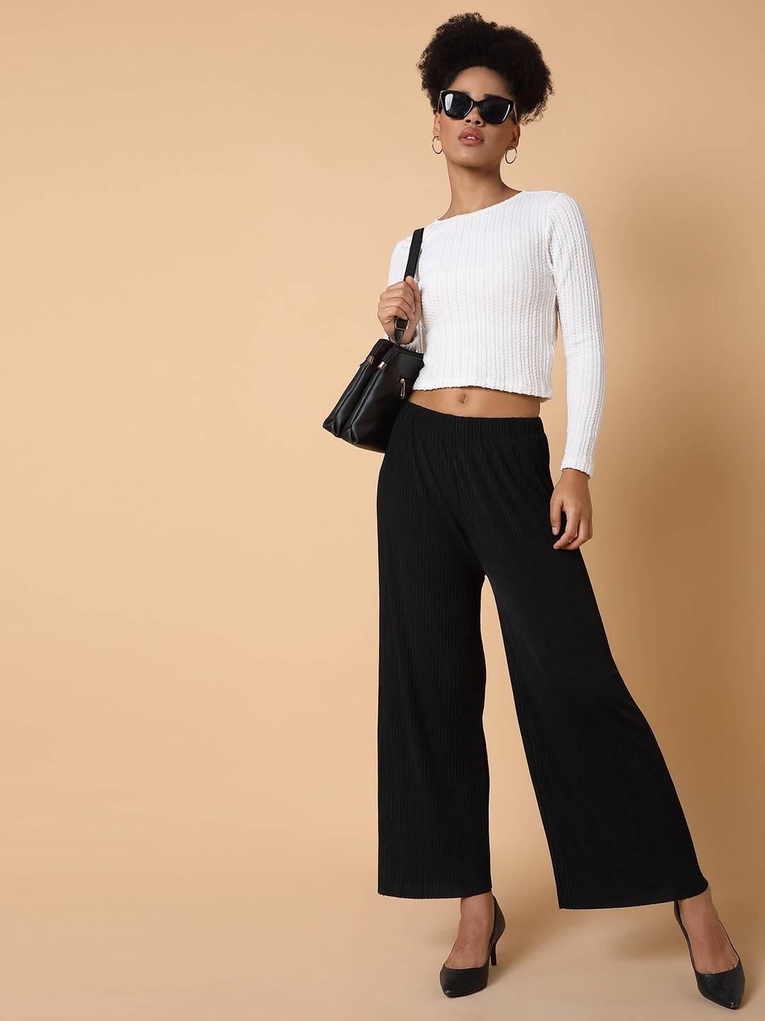 Women Flat Front Solid Black Trousers