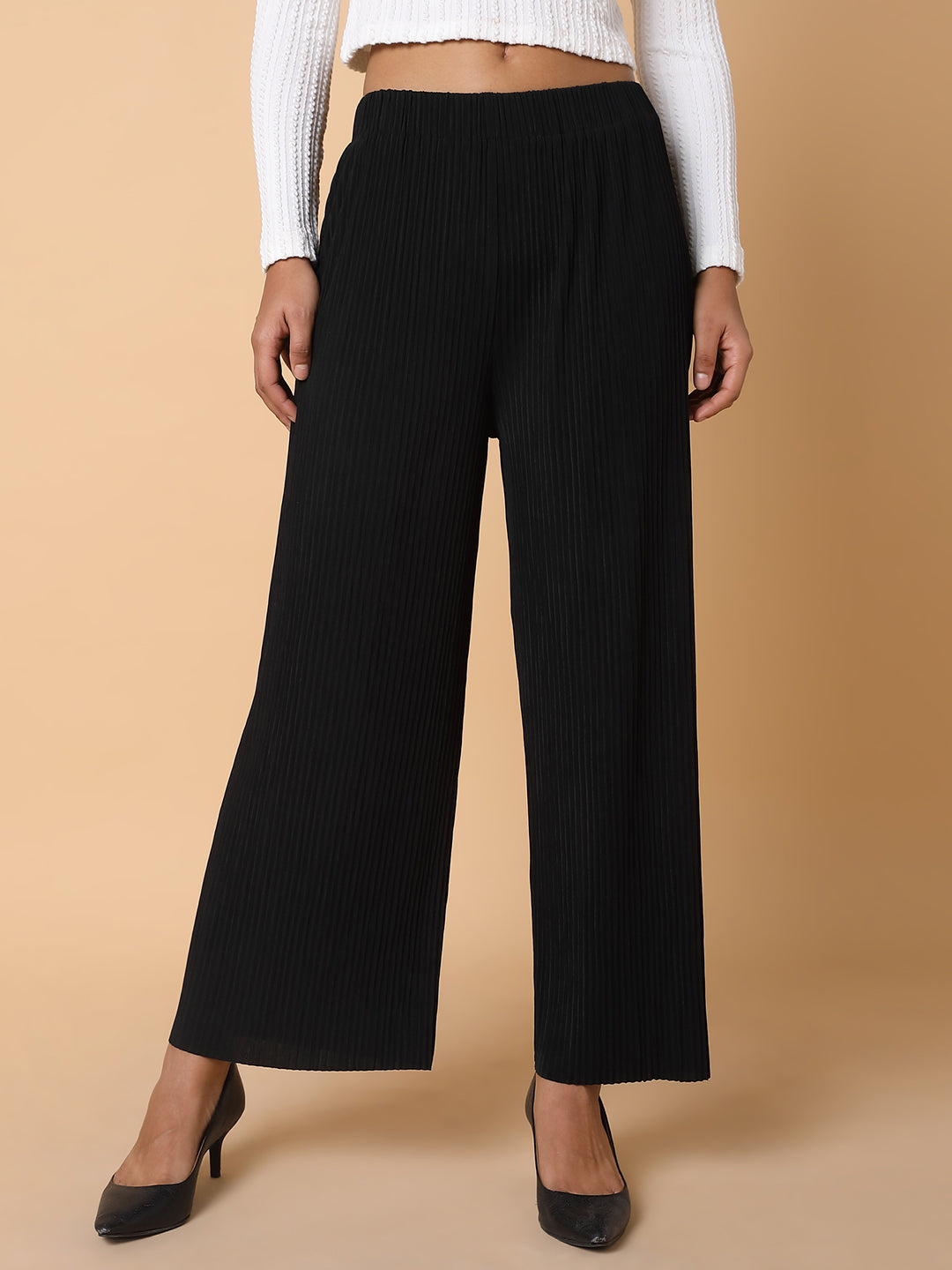 Women Flat Front Solid Black Trousers