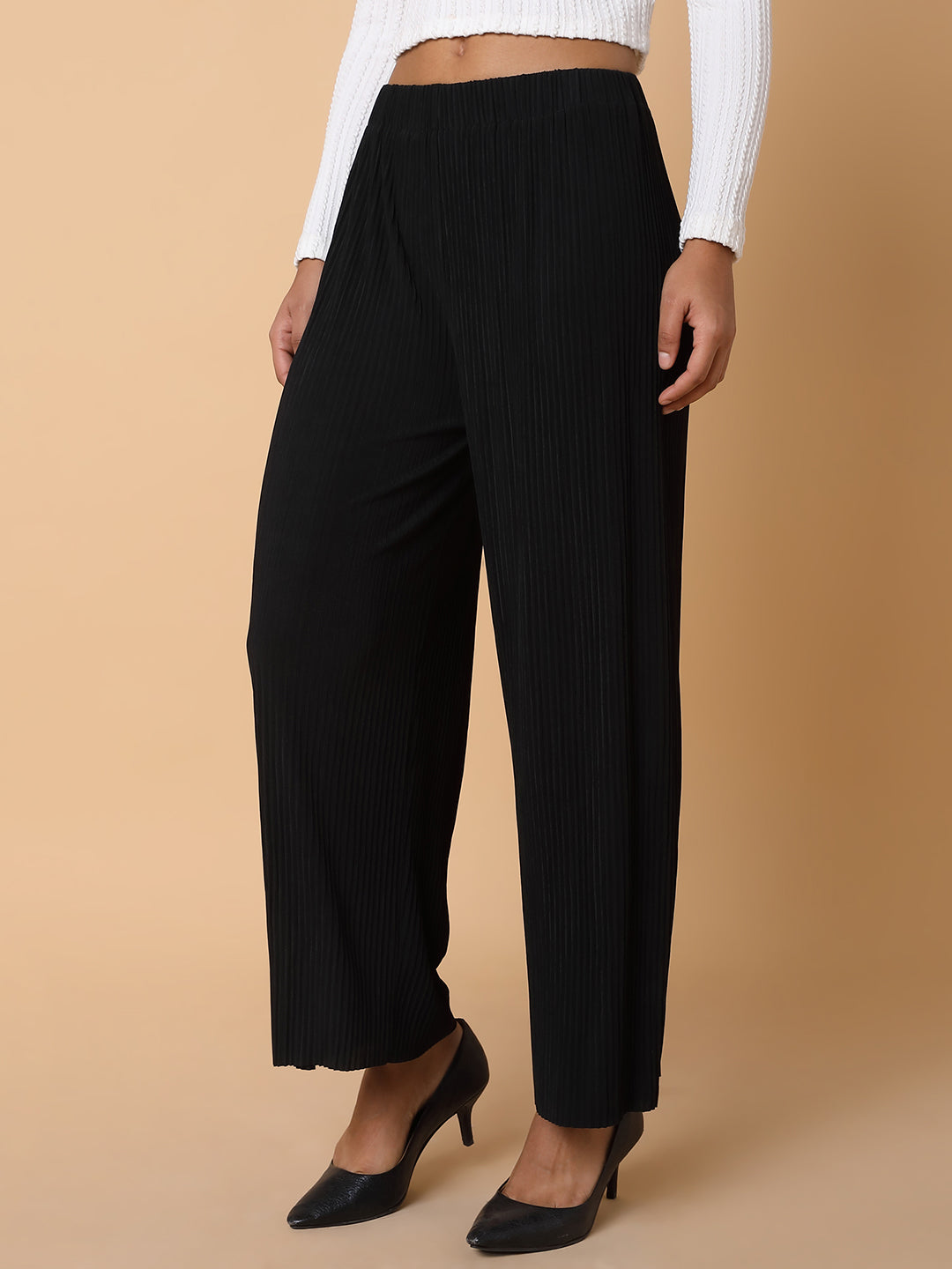 Women Flat Front Solid Black Trousers