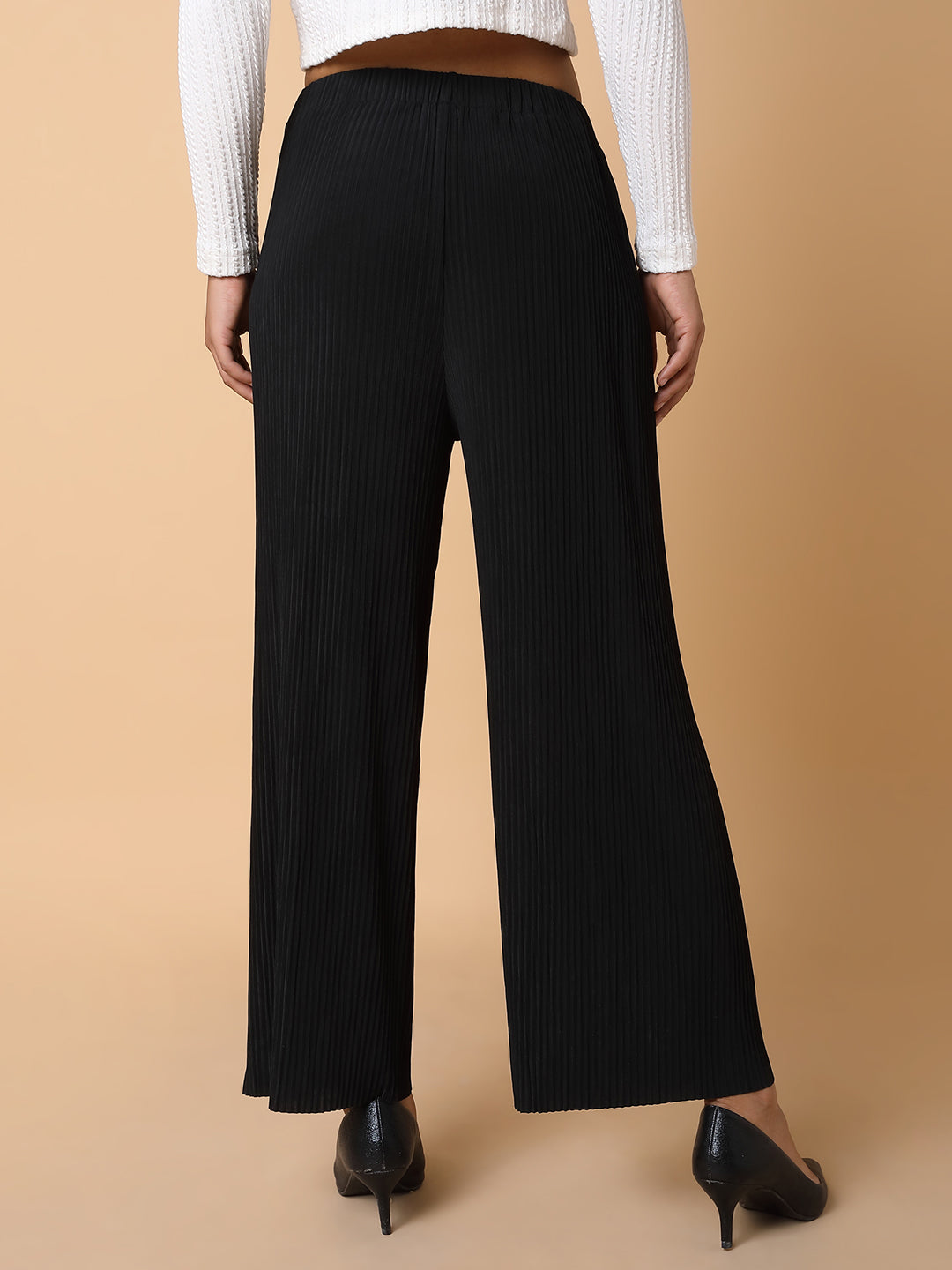 Women Flat Front Solid Black Trousers