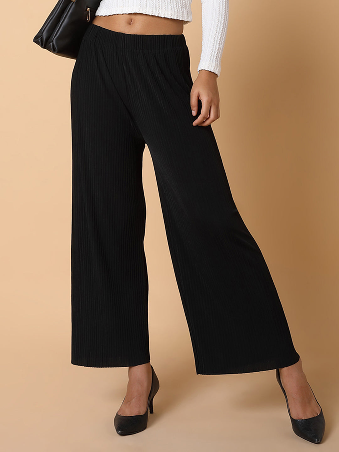 Women Flat Front Solid Black Trousers