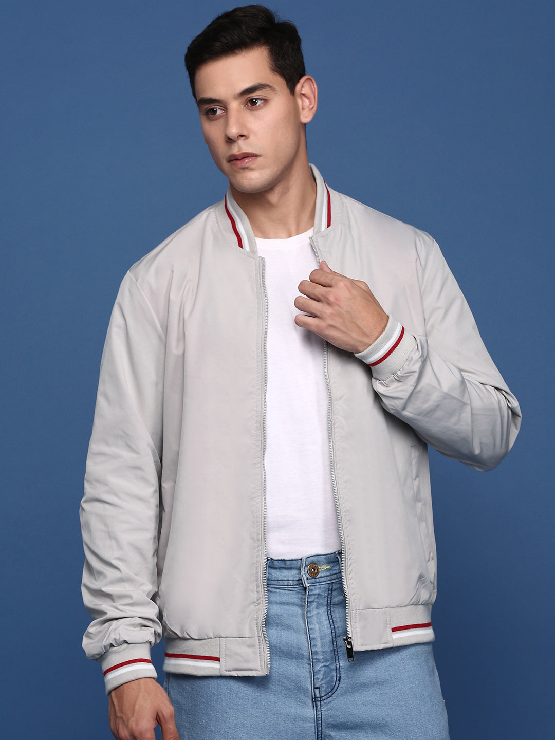 Men Solid Cream Bomber Jacket