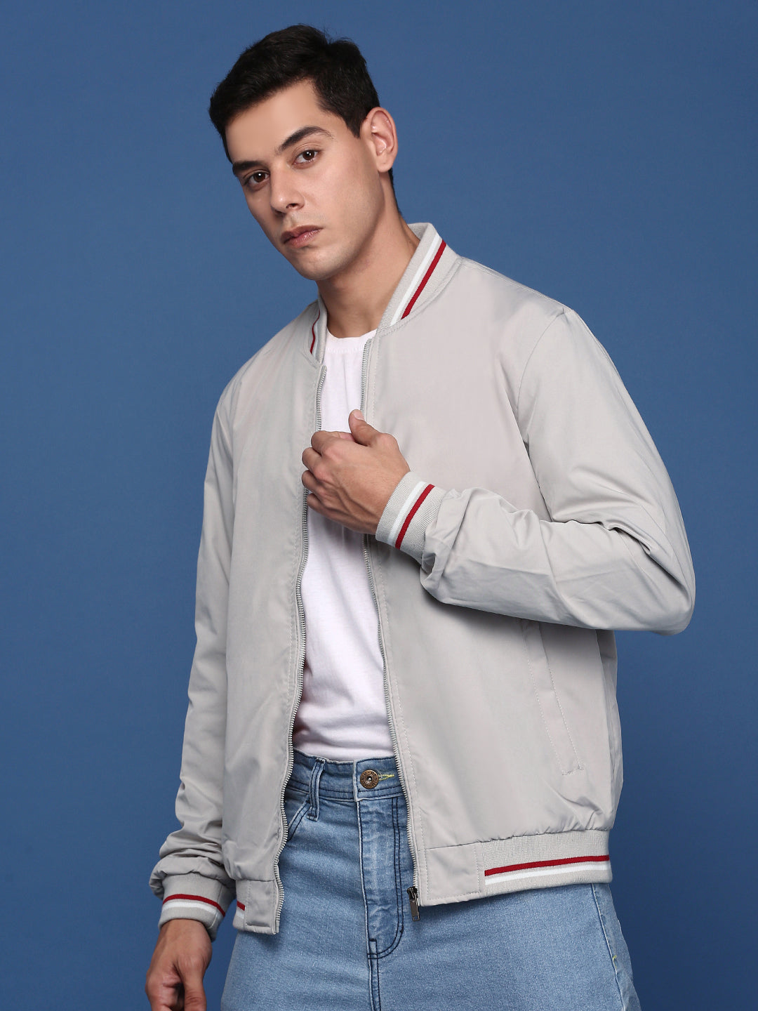 Men Solid Cream Bomber Jacket