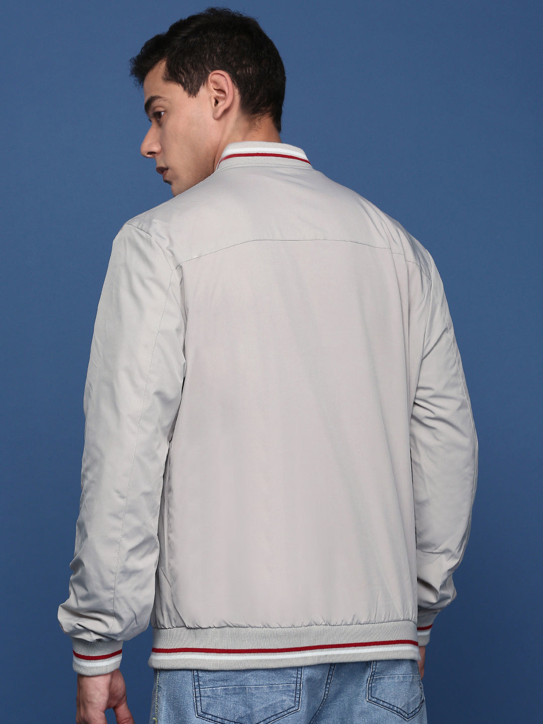 Men Solid Cream Bomber Jacket