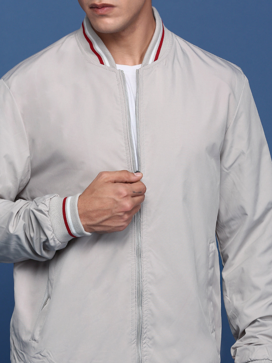 Men Solid Cream Bomber Jacket