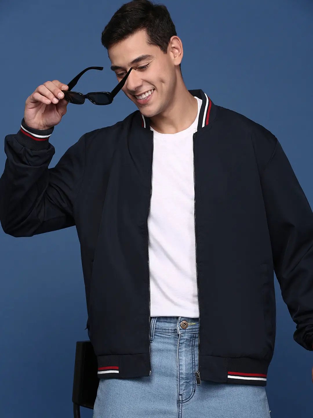 Men's Solid Navy Blue Bomber Jacket