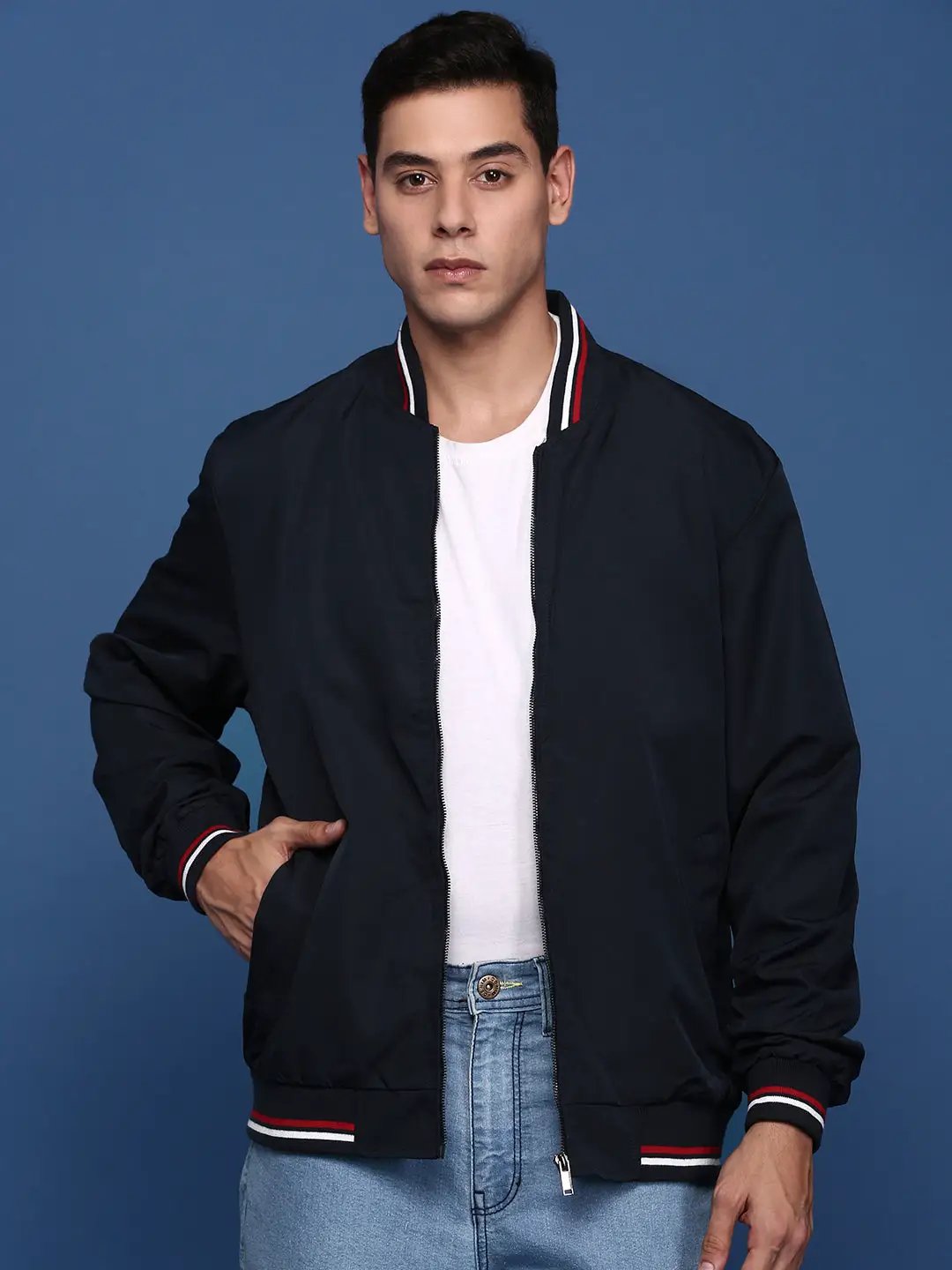 Men's Solid Navy Blue Bomber Jacket