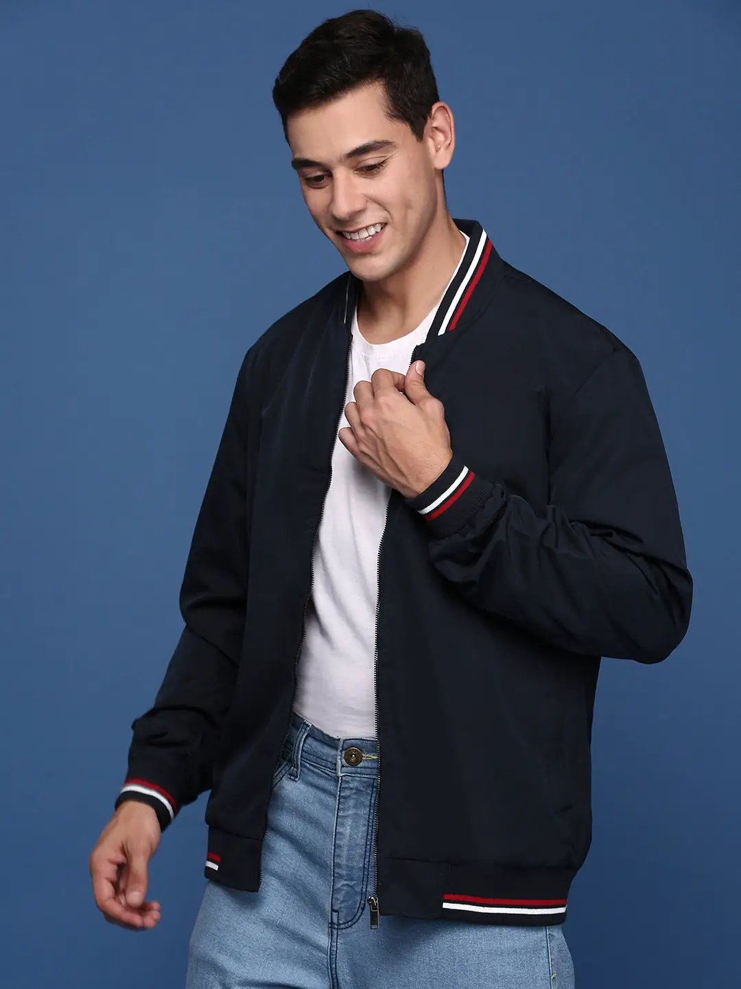 Men's Solid Navy Blue Bomber Jacket