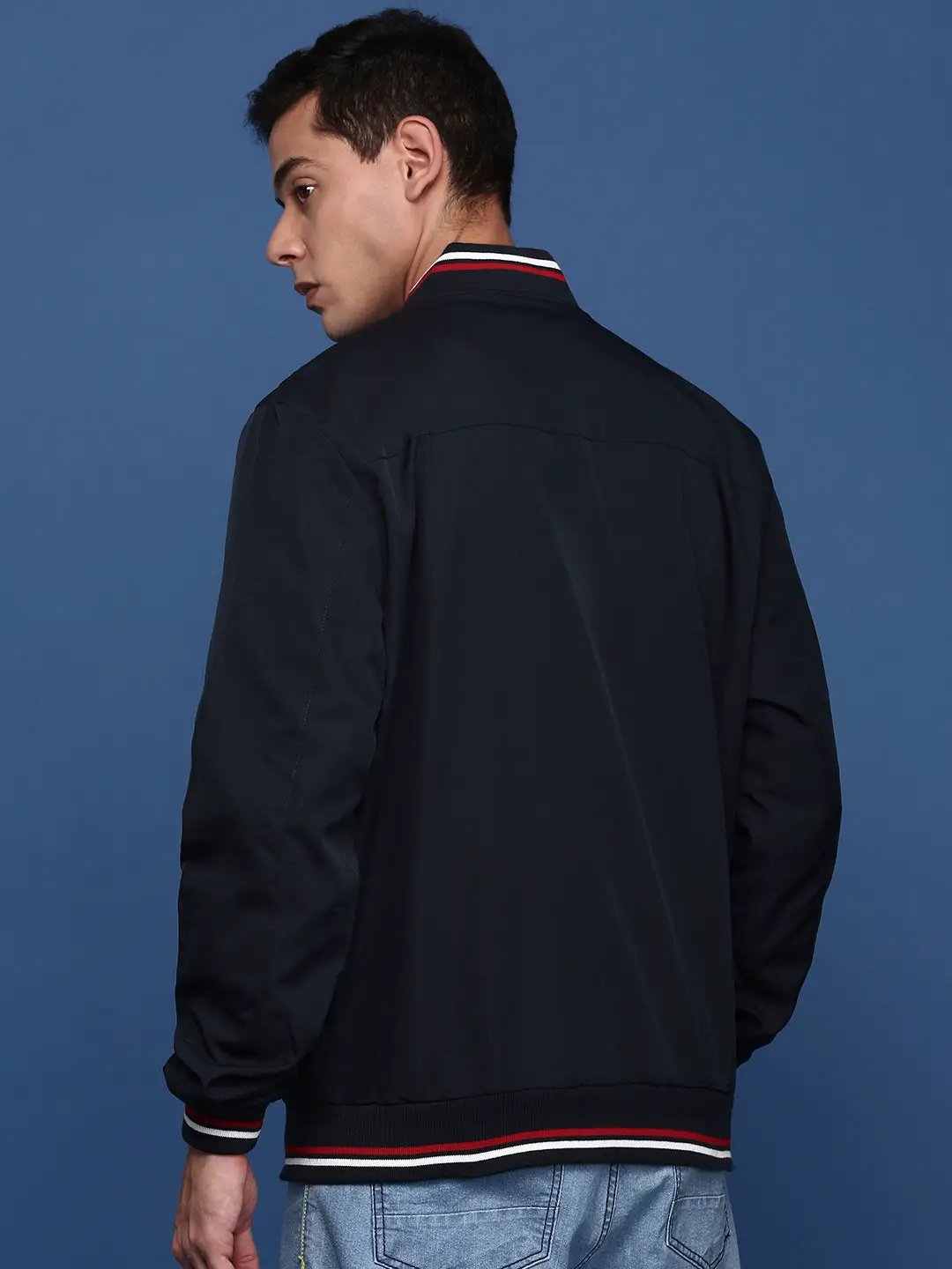 Men's Solid Navy Blue Bomber Jacket