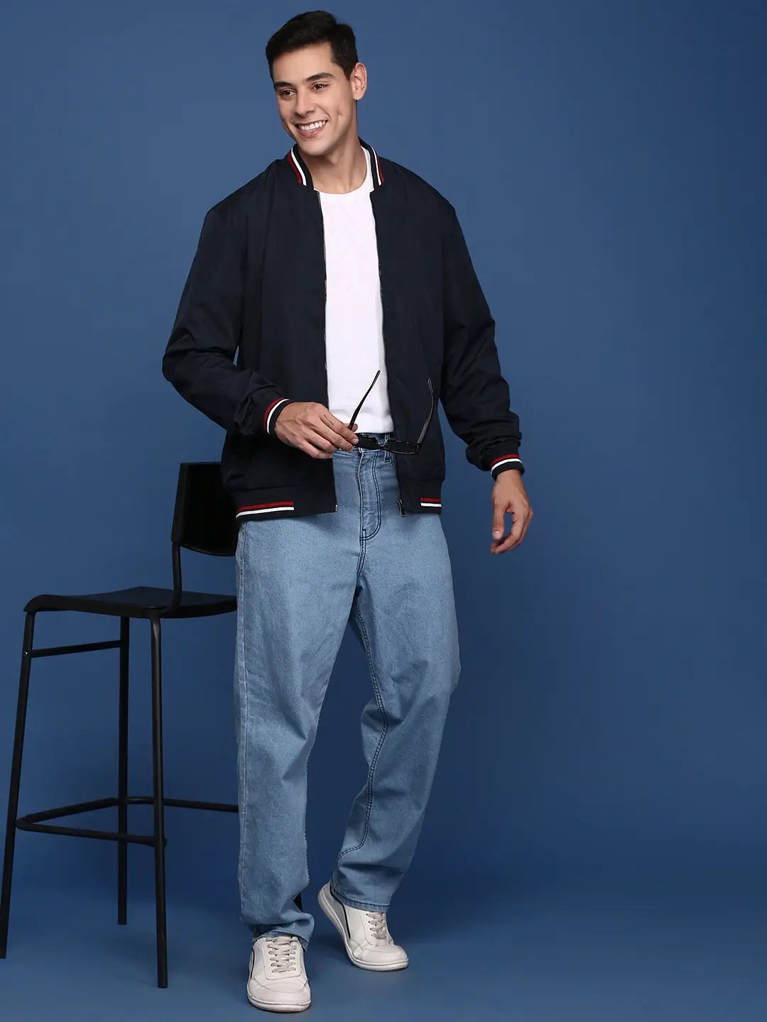 Men's Solid Navy Blue Bomber Jacket