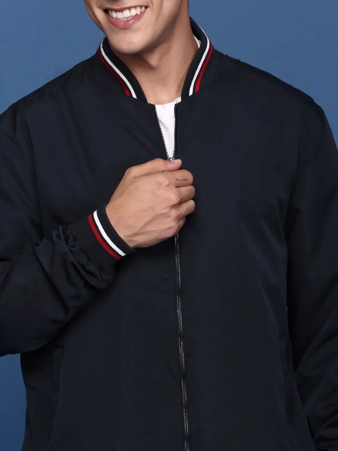 Men's Solid Navy Blue Bomber Jacket