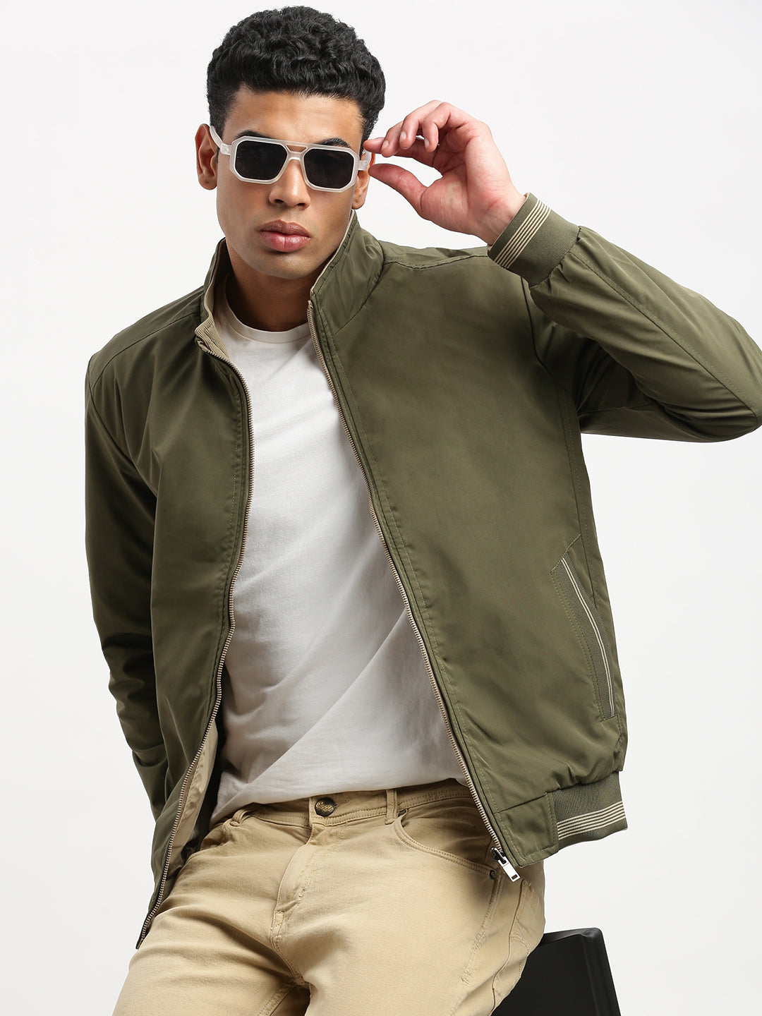 Men Mock Collar Olive Solid Reversible Bomber Jacket