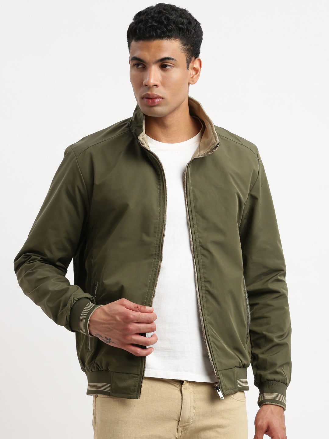 Men Mock Collar Olive Solid Reversible Bomber Jacket