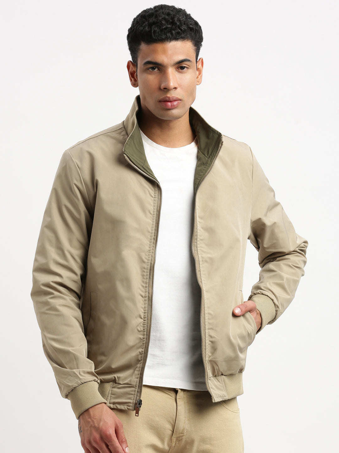 Men Mock Collar Olive Solid Reversible Bomber Jacket