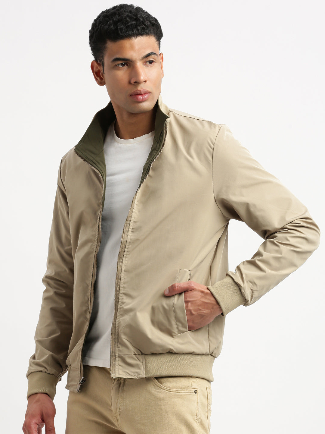 Men Mock Collar Olive Solid Reversible Bomber Jacket