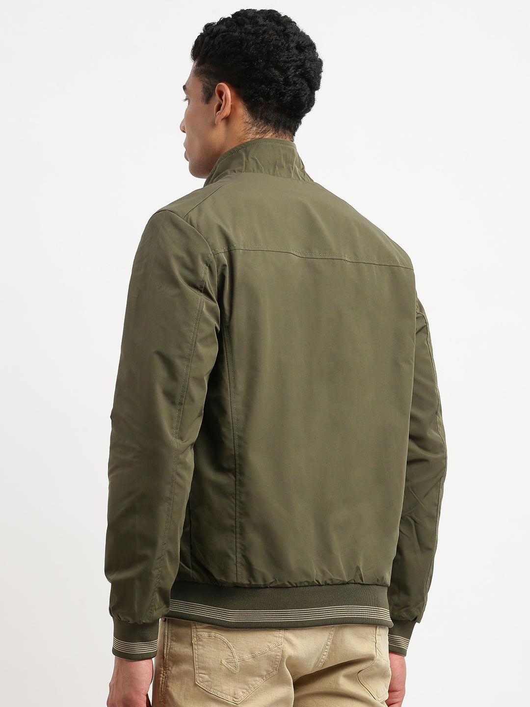 Men Mock Collar Olive Solid Reversible Bomber Jacket