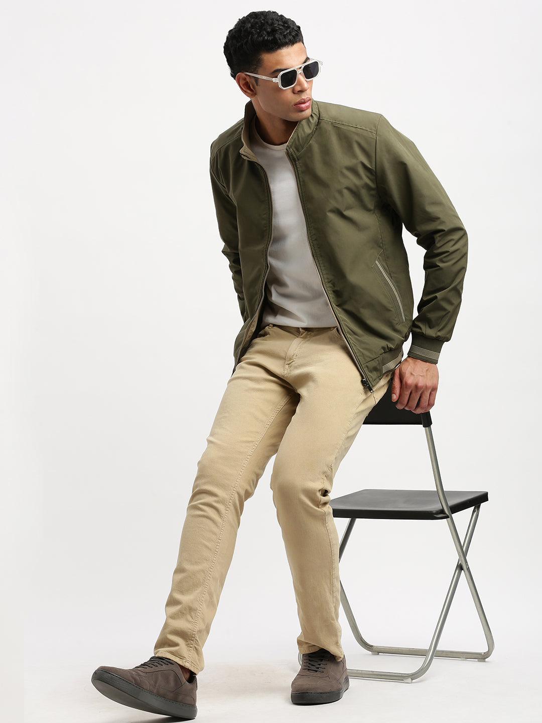 Men Mock Collar Olive Solid Reversible Bomber Jacket