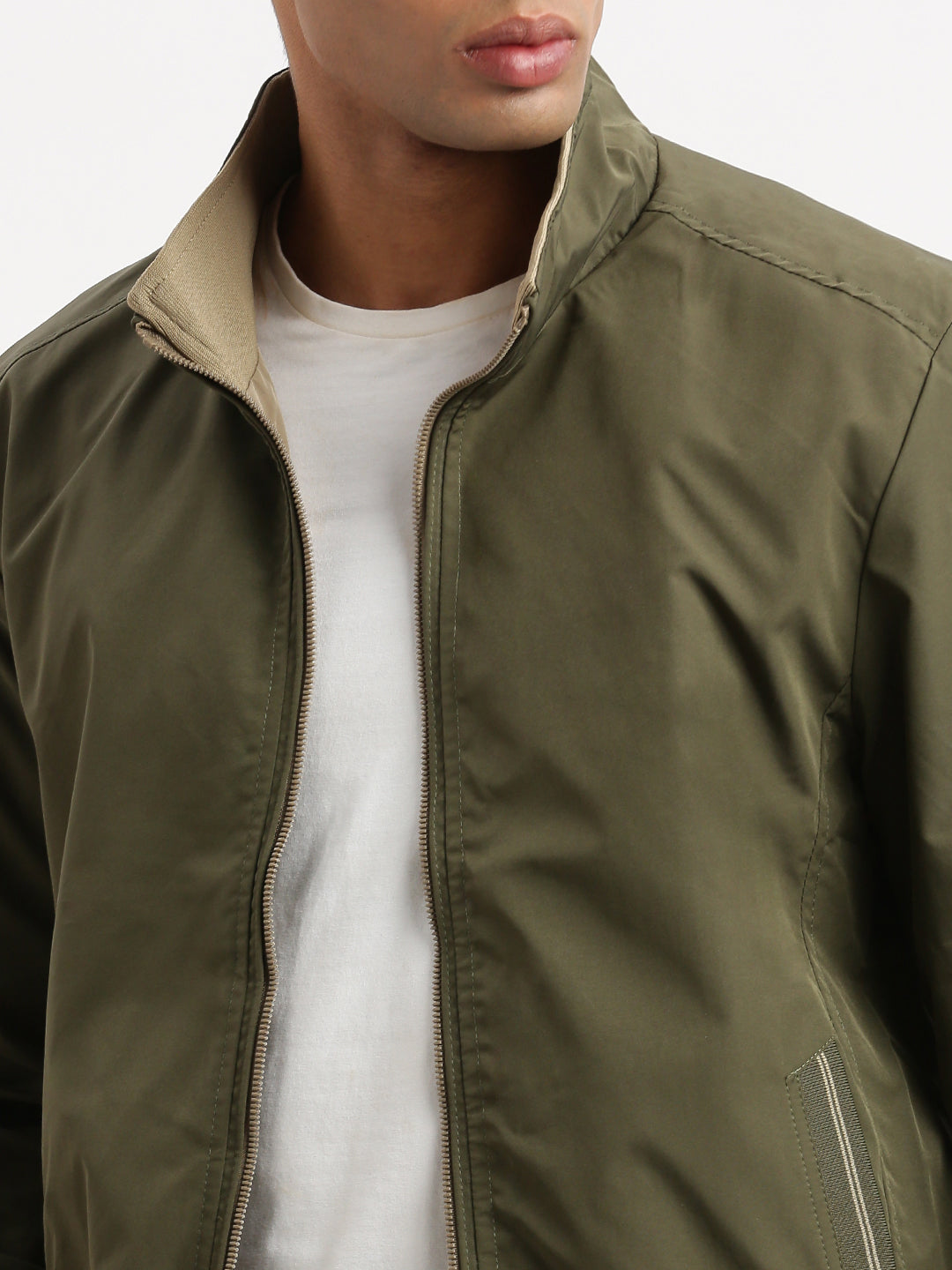 Men Mock Collar Olive Solid Reversible Bomber Jacket