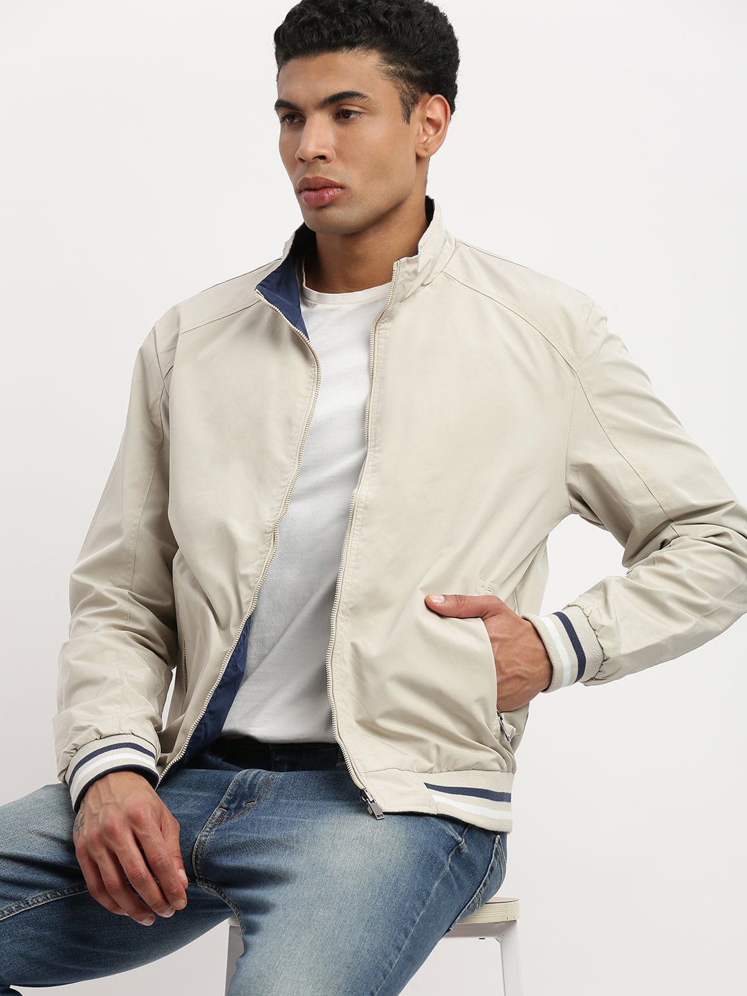 Men Mock Collar Cream Solid Reversible Bomber Jacket