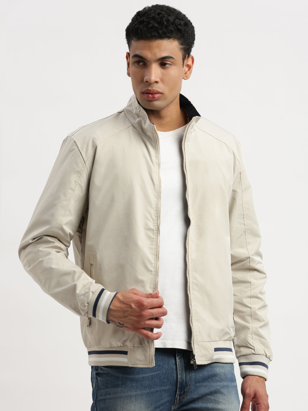 Men Mock Collar Cream Solid Reversible Bomber Jacket