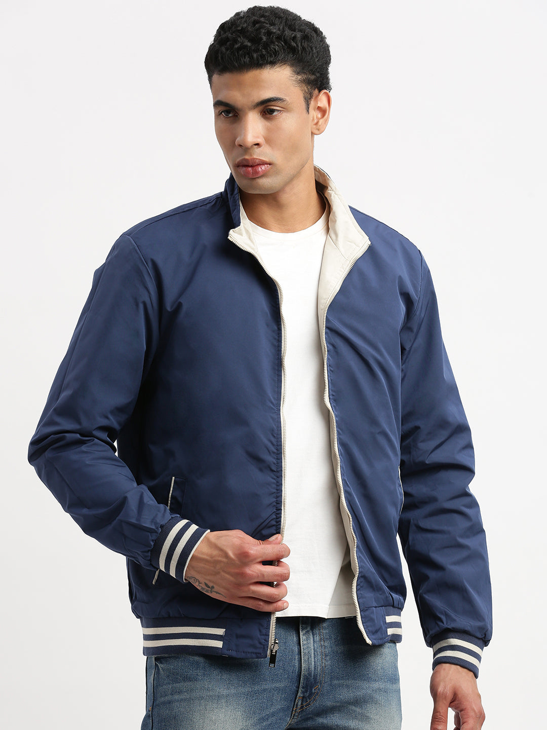 Men Mock Collar Cream Solid Reversible Bomber Jacket