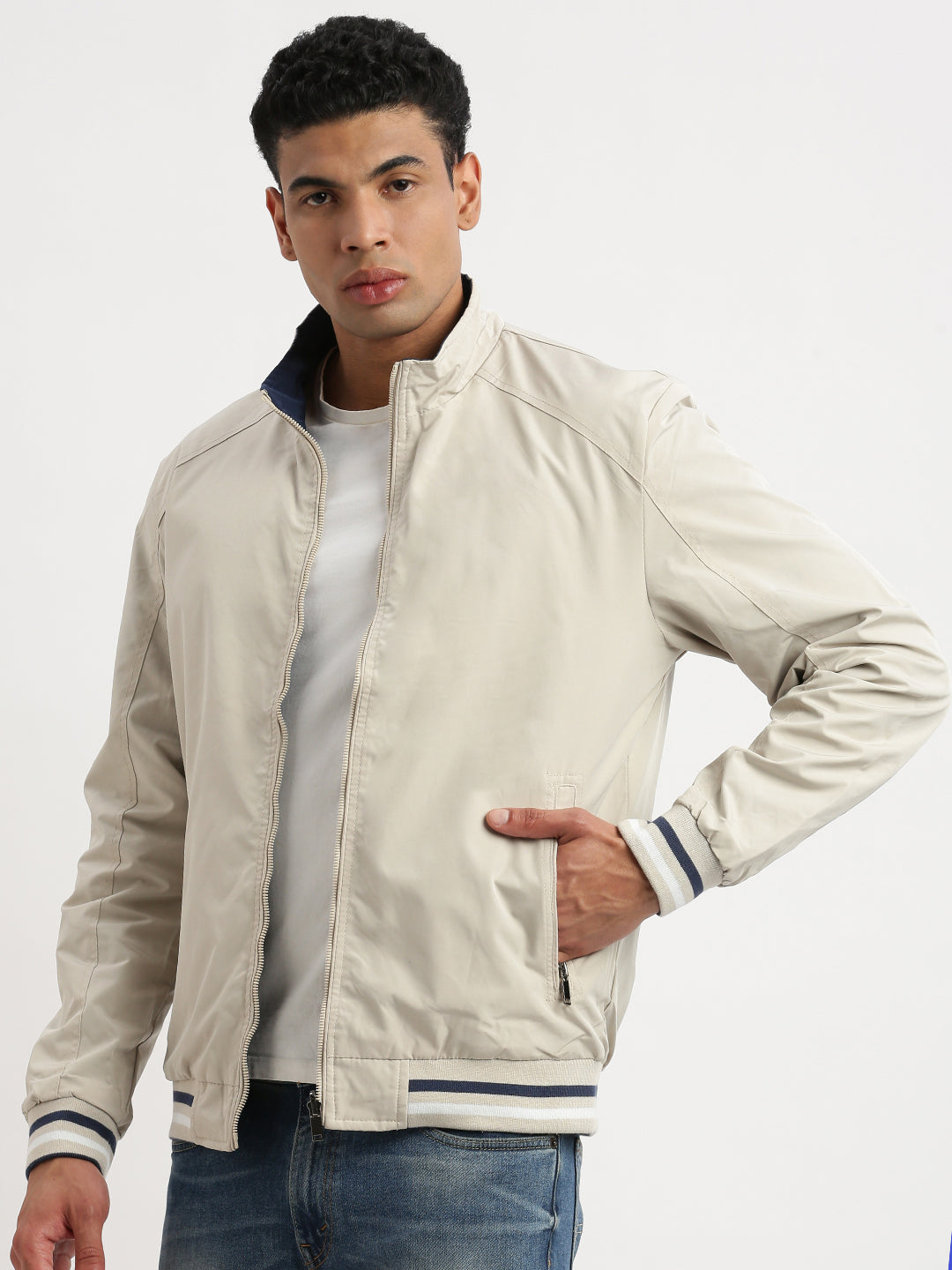 Men Mock Collar Cream Solid Reversible Bomber Jacket