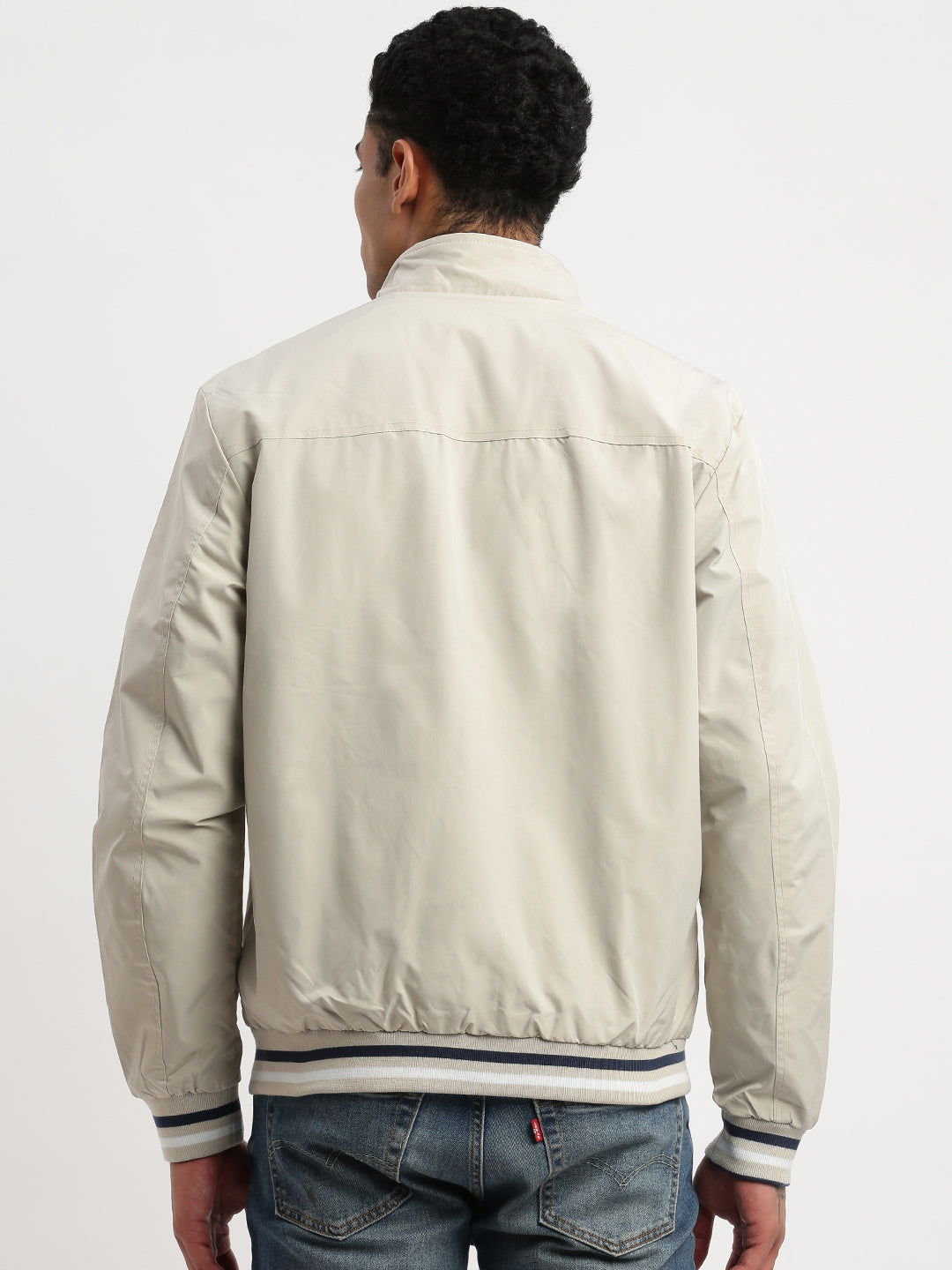 Men Mock Collar Cream Solid Reversible Bomber Jacket