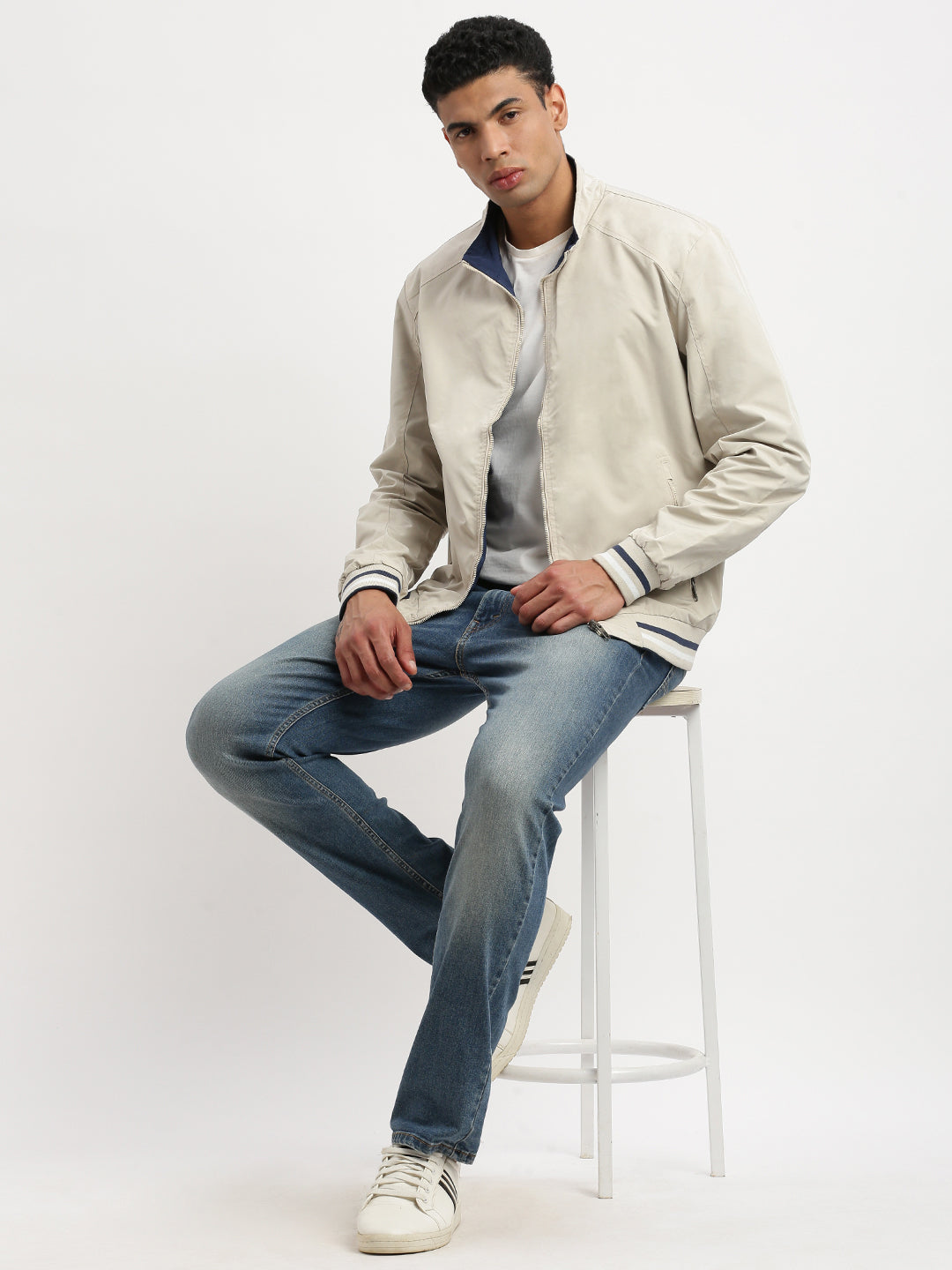 Men Mock Collar Cream Solid Reversible Bomber Jacket