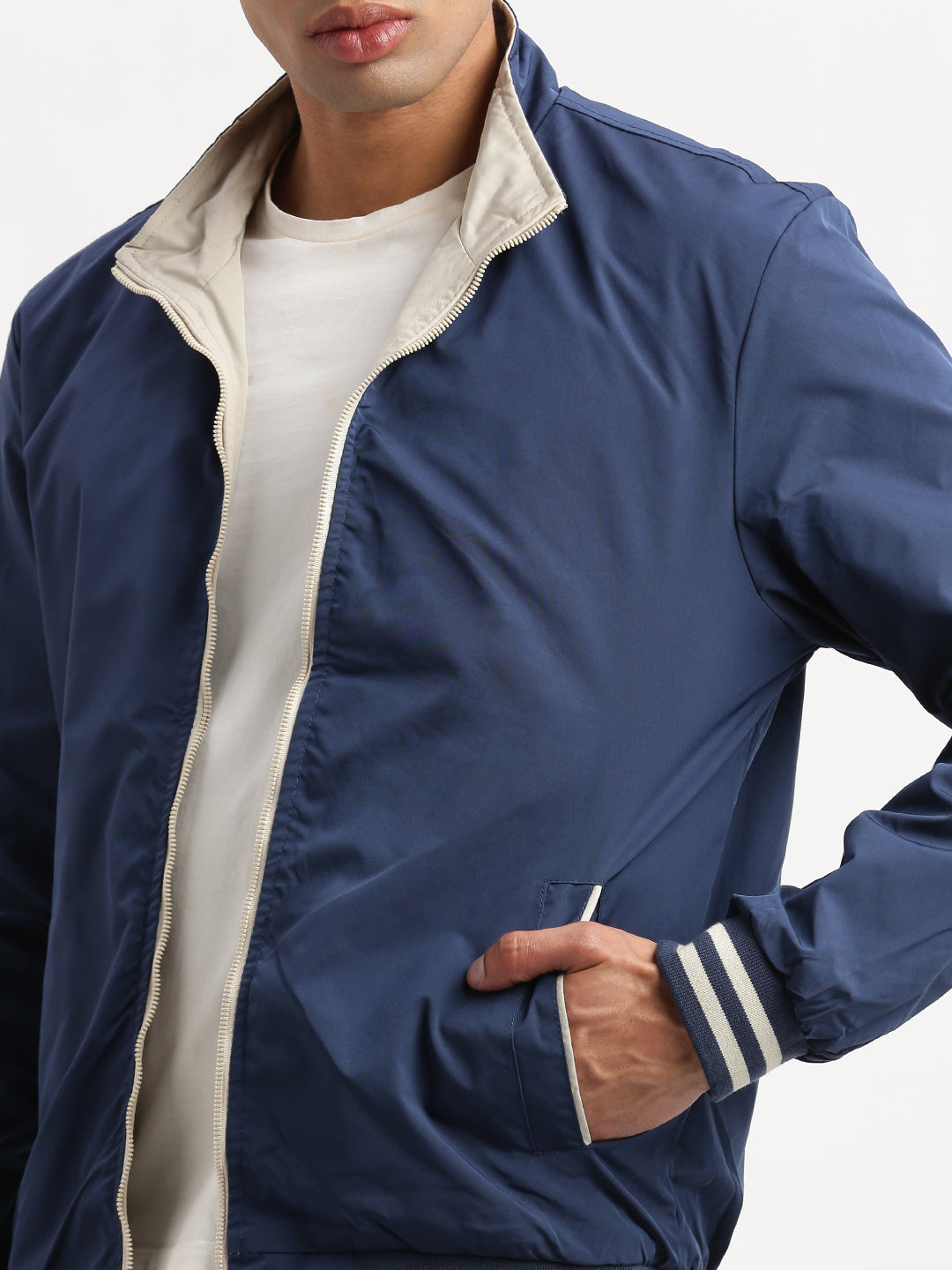 Men Mock Collar Cream Solid Reversible Bomber Jacket