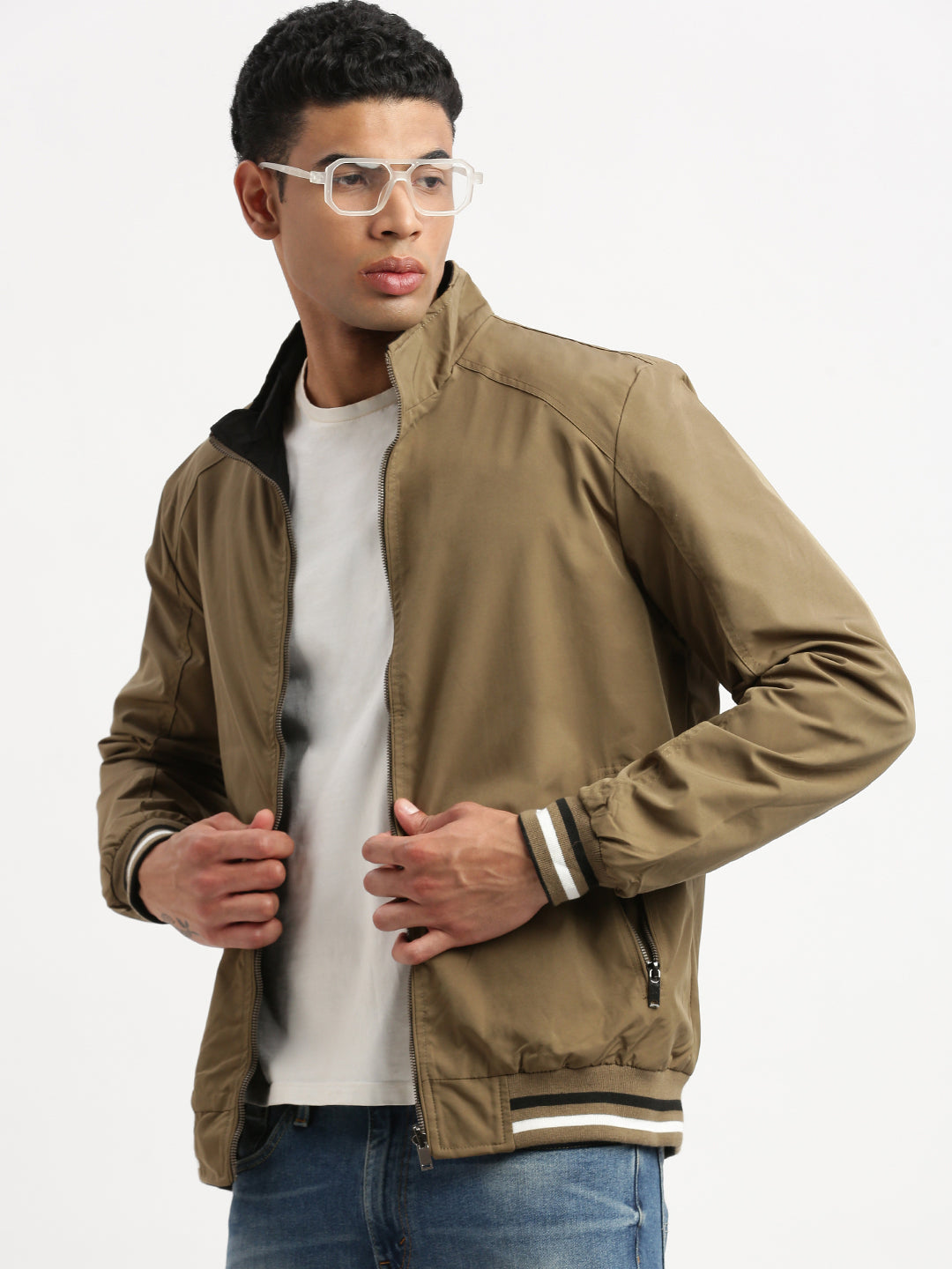 Men Mock Collar Olive Solid Reversible Bomber Jacket