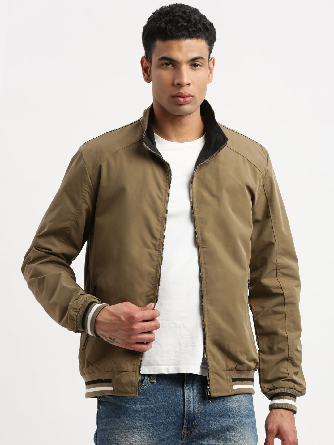 Men Mock Collar Olive Solid Reversible Bomber Jacket