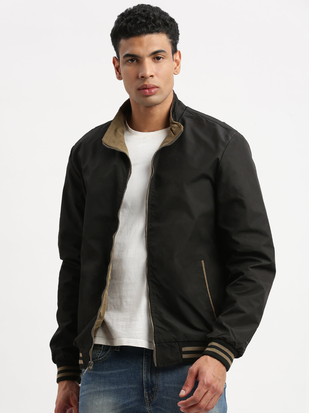 Men Mock Collar Olive Solid Reversible Bomber Jacket