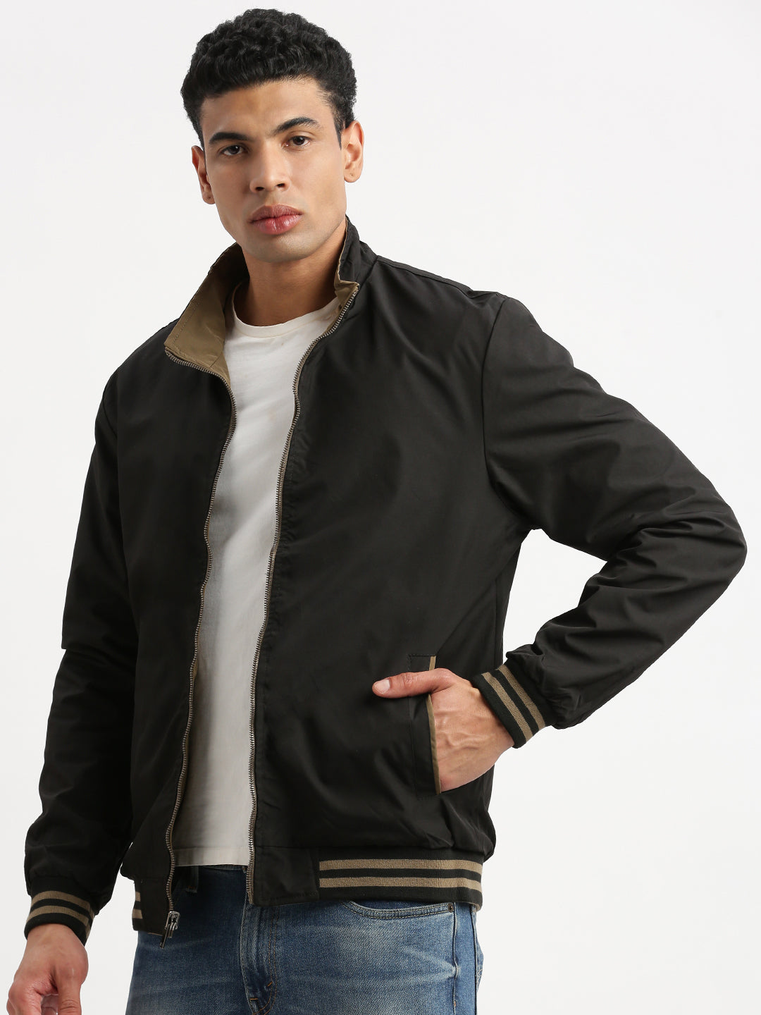 Men Mock Collar Olive Solid Reversible Bomber Jacket