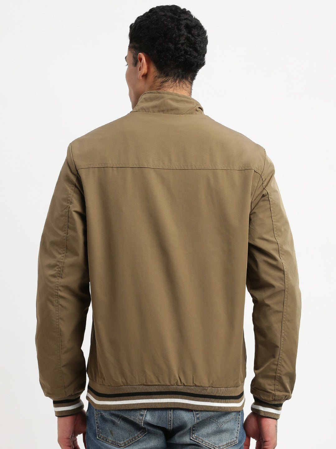 Men Mock Collar Olive Solid Reversible Bomber Jacket