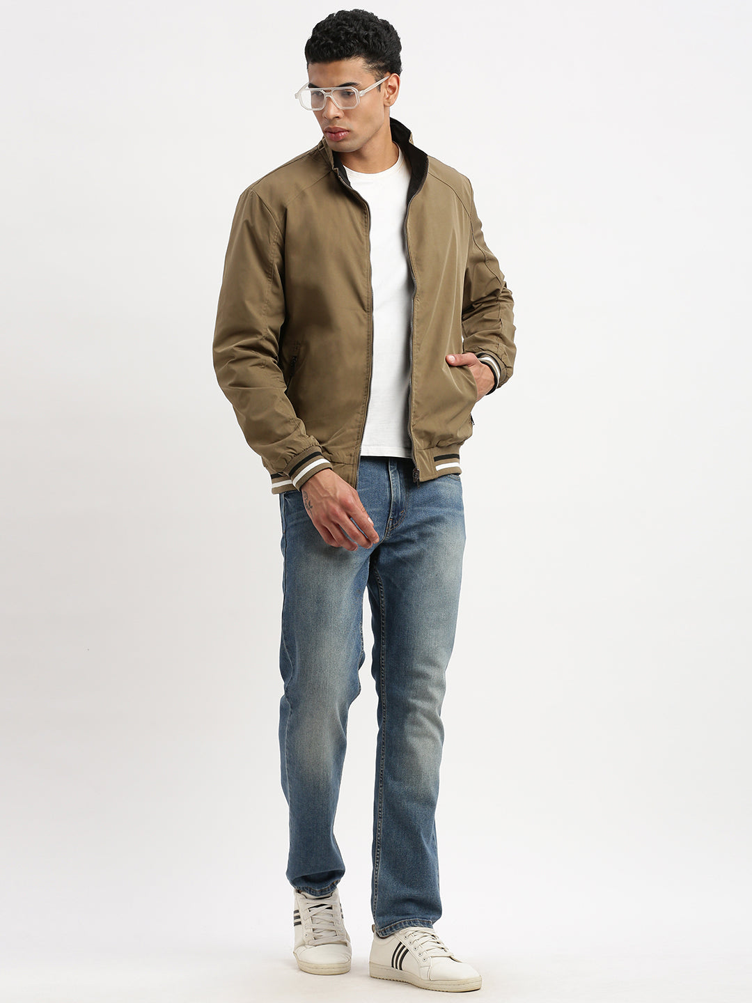 Men Mock Collar Olive Solid Reversible Bomber Jacket