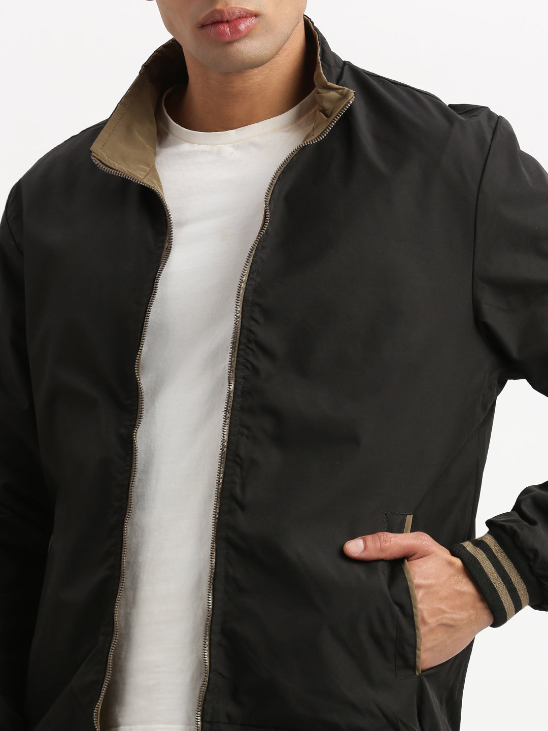 Men Mock Collar Olive Solid Reversible Bomber Jacket