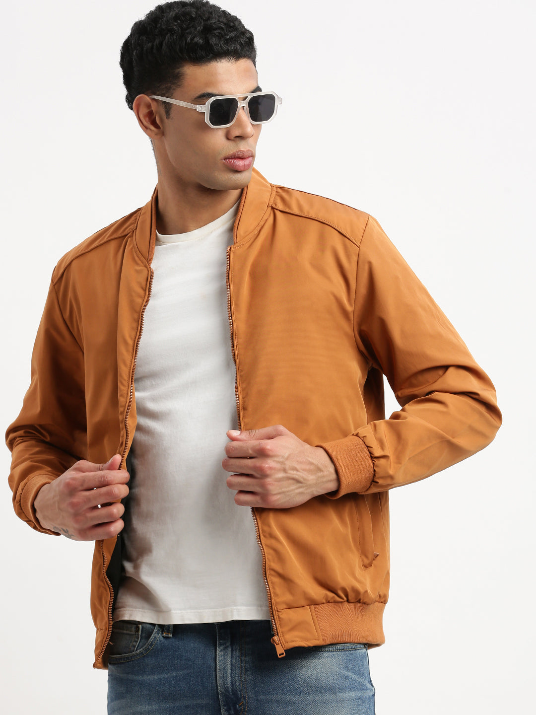 Men Mandarin Collar Mustard Solid Bomber Jacket